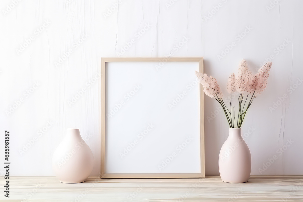 Mock up poster frame in white cozy children room interior background Mock up poster frame in white cozy children room interior background