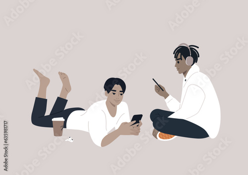 Two adolescents engrossed in their electronic devices, their interaction transitioning from the physical world to the virtual realm of online social media