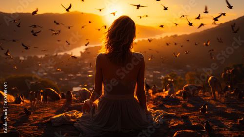 A woman surrounded by birds in a peaceful field. A woman sitting in a field with birds flying around her