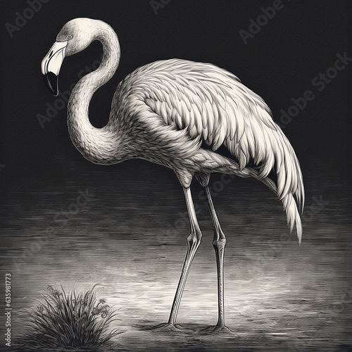 Flamingo, engaving style, close-up portrait, black and white drawing, beautiful bird photo
