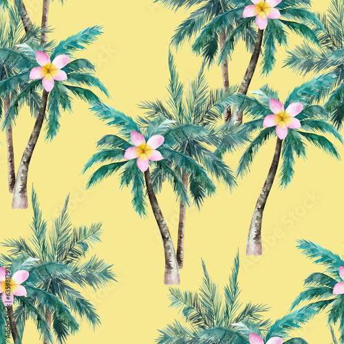 Tropical pattern with palm trees and flowers. Watercolor seamless print. Jungle summer background