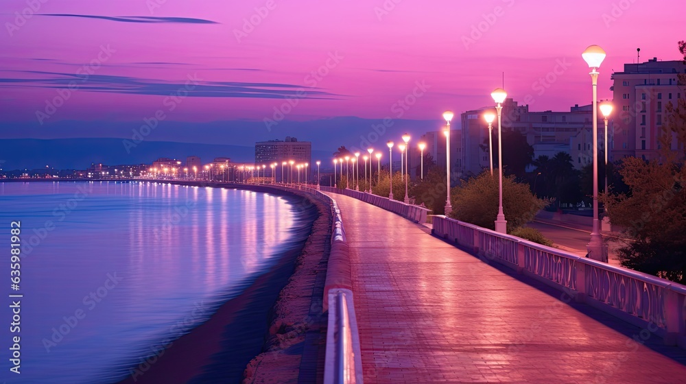 Lamp posts at seafront. Promenade. Night scenery view of embankment. Romantic, calm, relaxing evening in city. Illustration for cover, card, postcard, interior design, decor or print.