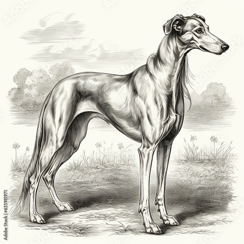 Greyhound, engaving style, close-up portrait, black and white drawing, hunting dog photo