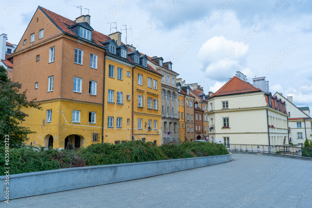 Old city. Warsaw Poland. Multicolored houses. Empty street without tourists. Warsaw, Poland 