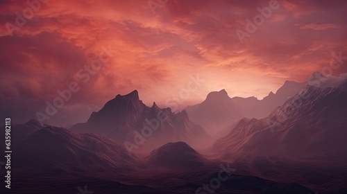 Mountain range with visible silhouettes through the morning colorful fog. Hazy mountain sunset. Panoramic view. Illustration for banner  poster  cover  brochure or presentation.