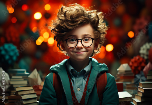 Young boy with glasses sitting in front of a pile of books. A young boy with glasses surrounded by a stack of books