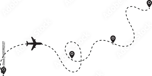 Airplane path in a dotted line shape. Path travel line shapes. Airplane line path travel icon. two points with dotted path and location pin, planes travel dot line
