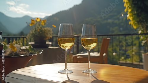 table on a terace with two glasses of wine, sunshine, summervibes, mountains in the background, neural network generated photorealistic image photo