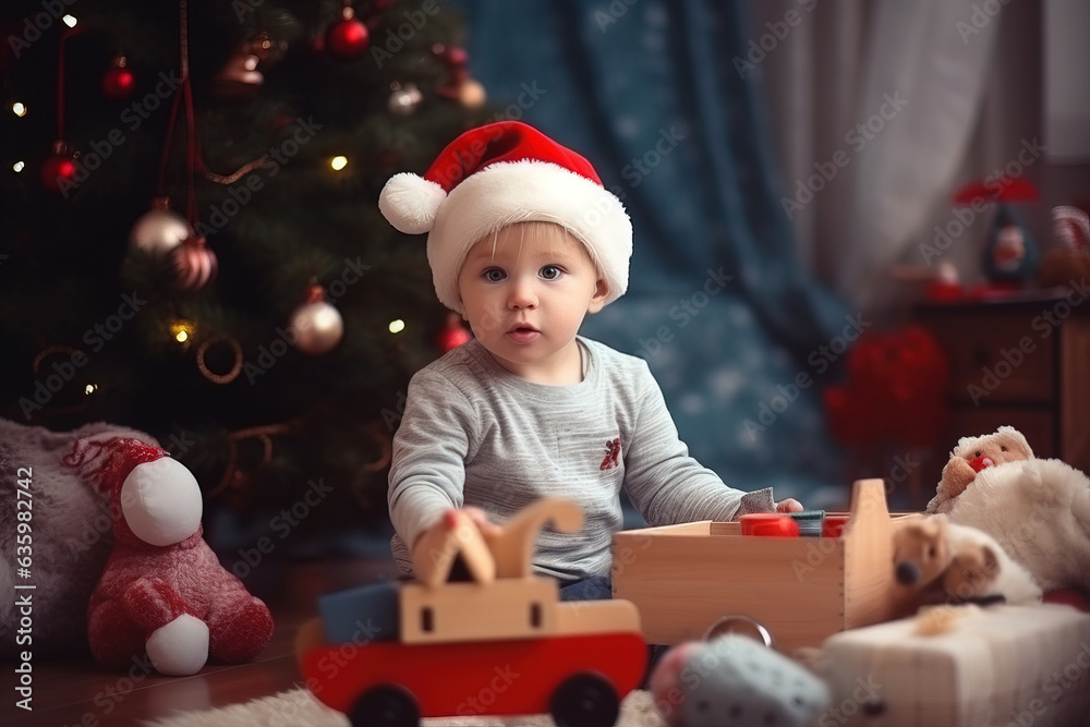 A boy sits by the Christmas tree and plays with toys. Celebrating Christmas and New Year. Generation AI A boy sits by the Christmas tree and plays with toys. Celebrating Christmas and New Year. Generation AI