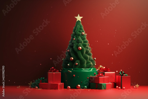 Christmas tree and gift boxes on a green background. 3d rendering
