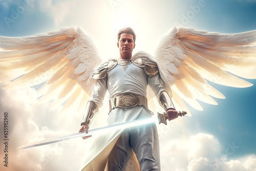 A shining angel in white clothes with a sword in his hand in the sky on the clouds, a defender of goodness and justice, a warrior of light, generation AI