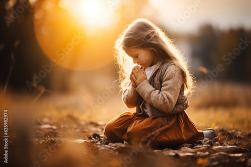 Little girl praying kneeling in nature during sunrise, AI generation