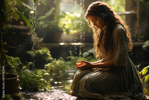 Young attractive woman praying on her knees in nature with exotic vegetation and water flow, AI generation photo