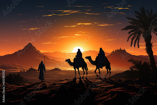 Three wise men in the desert go to worship the baby Jesus. Christmas. AI generation