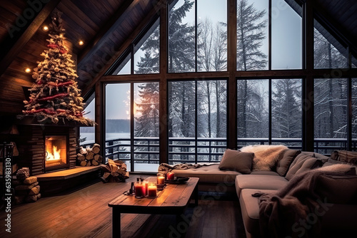 A cozy room with a Christmas tree by the fireplace and a view of snow-covered trees, AI generation