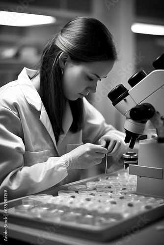 Woman lab technician cautiously operating centrifuge for microscopic examination in black and white color.