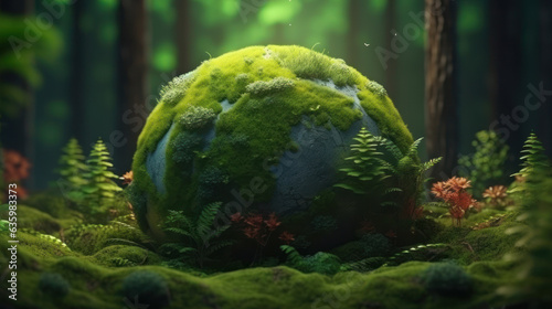 Globe On Moss In Forest Environmental Earth day concept. illustration.