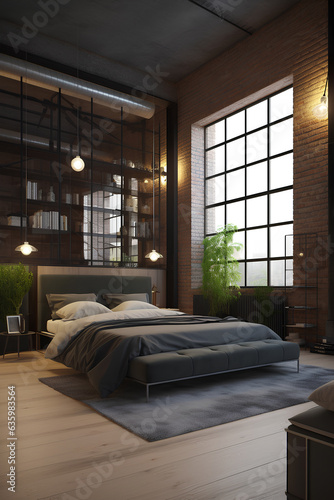 Loft style bedroom interior in luxury house. © tynza