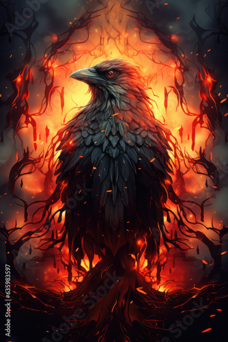 Black Dark Crow reborn from Fire symbolism Bird made with generative AI