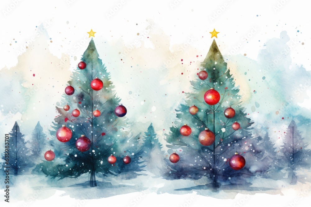 Obraz premium watercolor Christmas Tree With Baubles And Blurred Shiny Lights banner with text space 