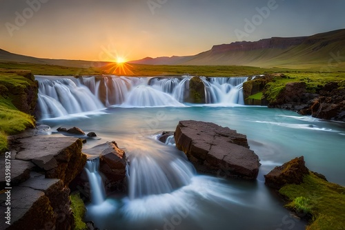Summer sunset with unique waterfall - Bruarfoss. Colorful evening scene in South Iceland, Europe.