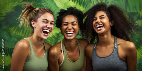 Vibrant image capturing joyous young women in fitness attire, brilliantly executing intricate yoga move - backdropped by a lush green. Laughter-infused wellness. Generative AI