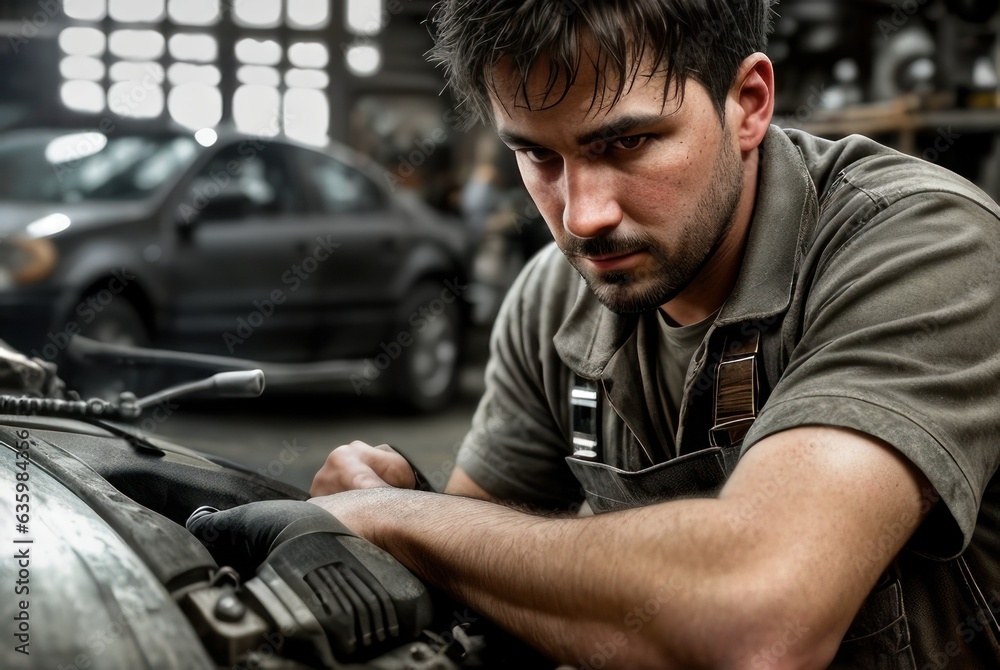 Portrait of caucasian mechanic checking the safety of a car. Maintenance of damaged parts in the garage. Maintenance repairs. Repair service concept. Portrait of a car mechanic working in a workshop Portrait of caucasian mechanic checking the safety of a car. Maintenance of damaged parts in the garage. Maintenance repairs. Repair service concept. Portrait of a car mechanic working in a workshop