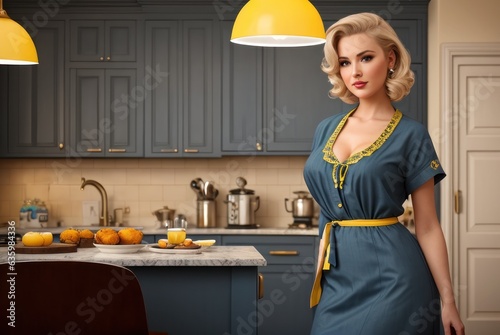 Retro pin up style portrait beautiful blonde woman at the kitchen, teal and orange. Portrait of her she nice attractive glamorous cheerful cheery dreamy peaceful housewife cooking dishes