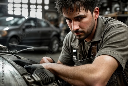 Portrait of caucasian mechanic checking the safety of a car. Maintenance of damaged parts in the garage. Maintenance repairs. Repair service concept. Portrait of a car mechanic working in a workshop