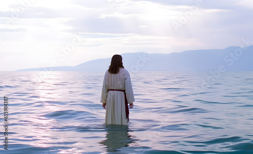 Jesus Christ walking on water at sea