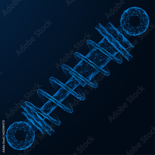 Auto shock absorber. Low-poly design of interconnected lines and dots. Blue background.