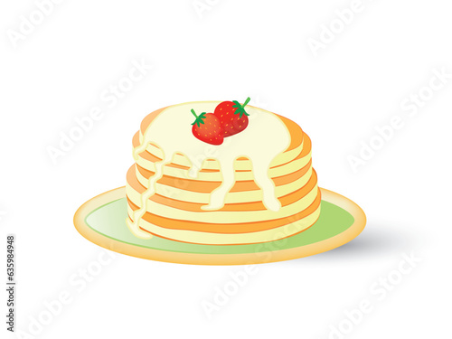 Pancakes on a plate poured with syrup and garnished with strawberries.