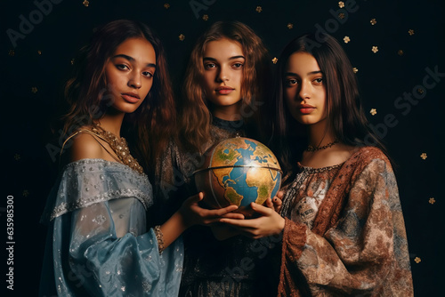 Enthralling depiction of diversity with young women embracing the world globe, adorned in multifarious cultural outfits against a celestial backdrop. Generative AI photo