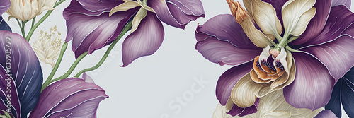 Template for invatation with purple  flowers and white background. AI photo