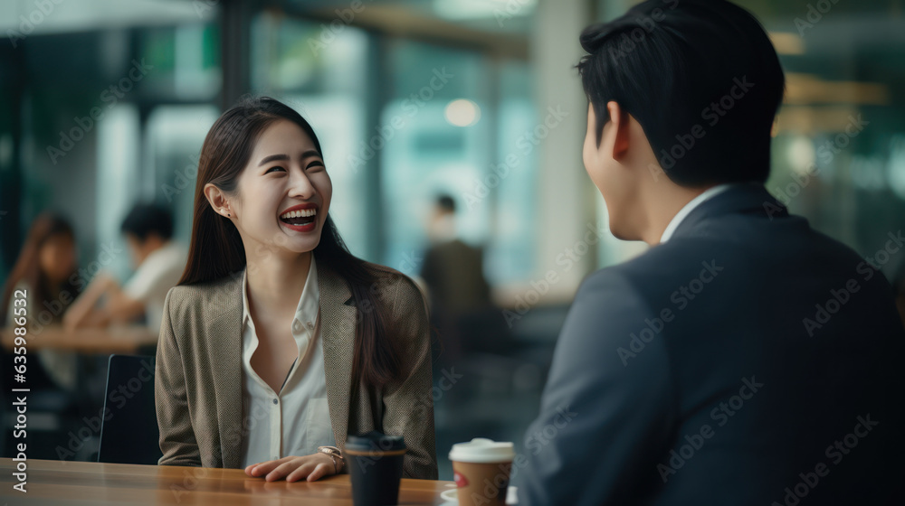 Asian business people talking moment little smile in the white office