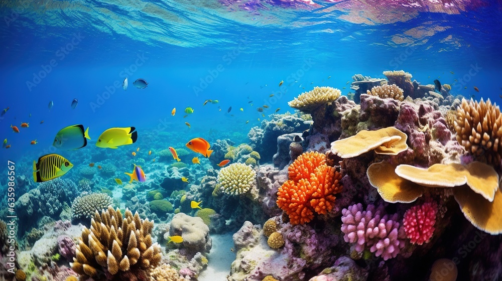 Fototapeta premium an underwater view of a coral reef with many colorful fish. generative ai