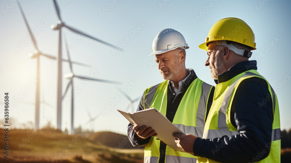 Fototapeta premium Close-up engineer and worker talking at work wind turbine