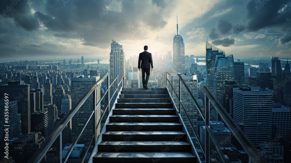close-up the side view businessman walking up the ladder raise both hands to success close-up the side view businessman walking up the ladder raise both hands to success