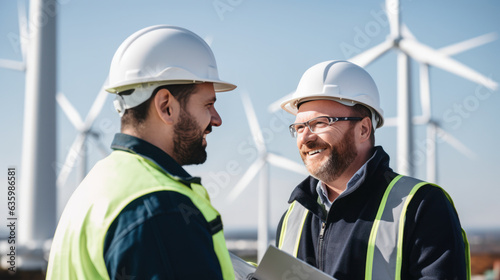 Close-up engineer and worker talking at work wind turbine