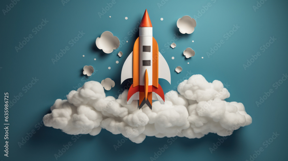 Fototapeta premium The paper rocket and cloudy on the grey background