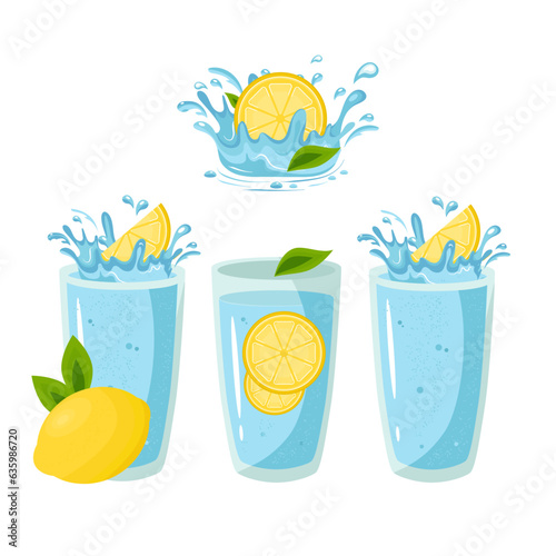 Water in a glass with lemon. Vector set.
