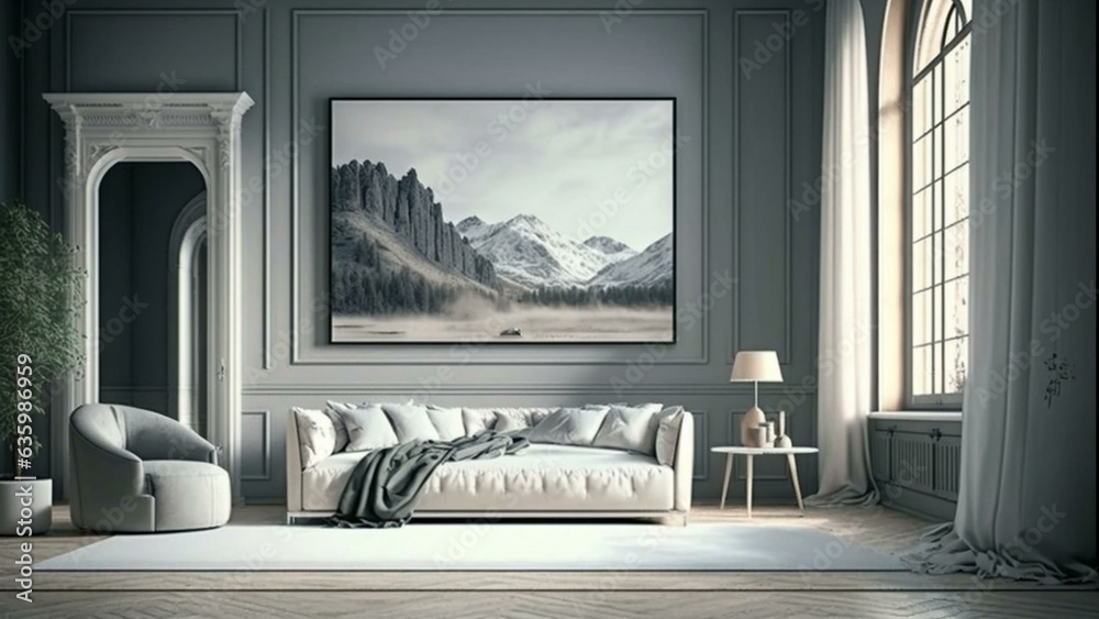 Fototapeta premium Modern Frame Mock up. Stylish Interior Design Background. Generative AI.