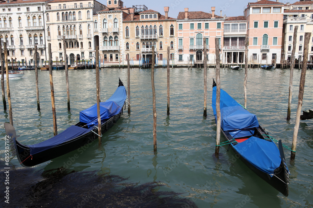 View of gondolas and poles in the canal grande from Campo di Salute - Venice - Italy