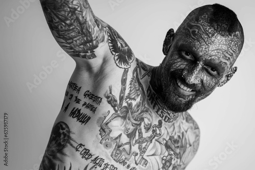 Grayscale of a Caucasian man with whole body covered in traditional tattoos on the white background photo