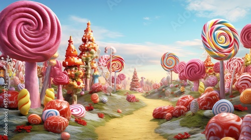  a painting of a colorful candy land with lots of lollipops.  generative ai © Anna
