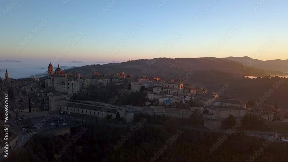 Bird's eye view of the medieval village of Urbino in Italy at sunset