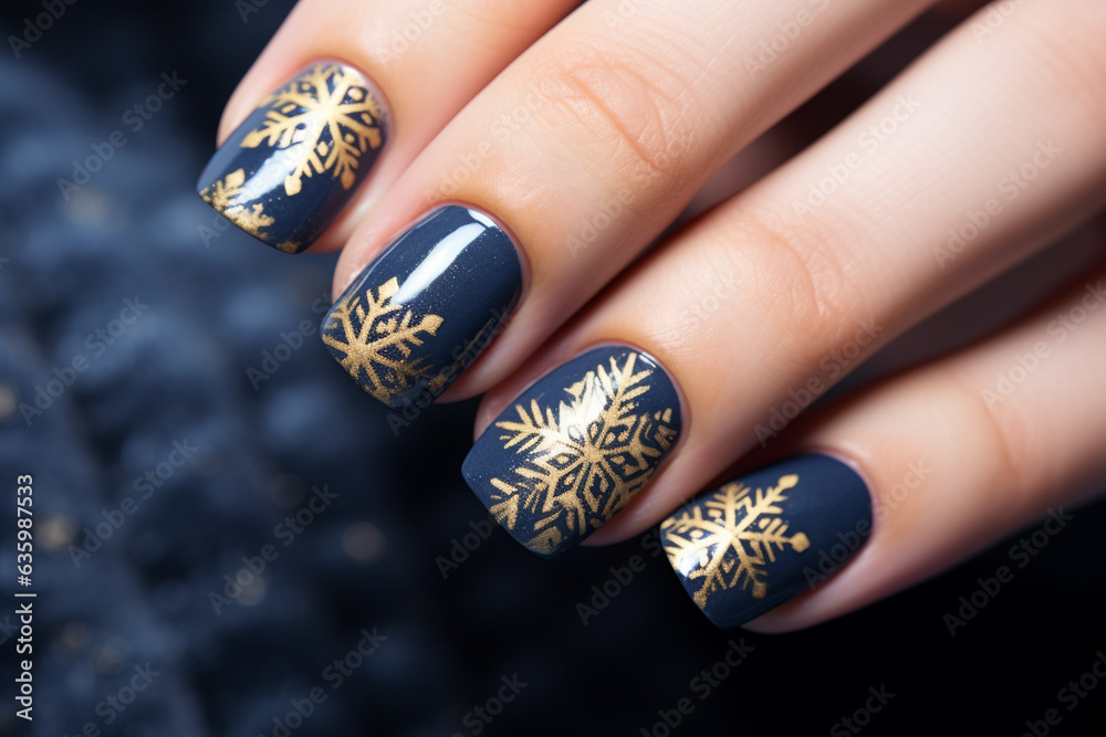 perfect manicure close up with dark blue and gold Christmas nail print, nail salon ad perfect manicure close up with dark blue and gold Christmas nail print, nail salon ad