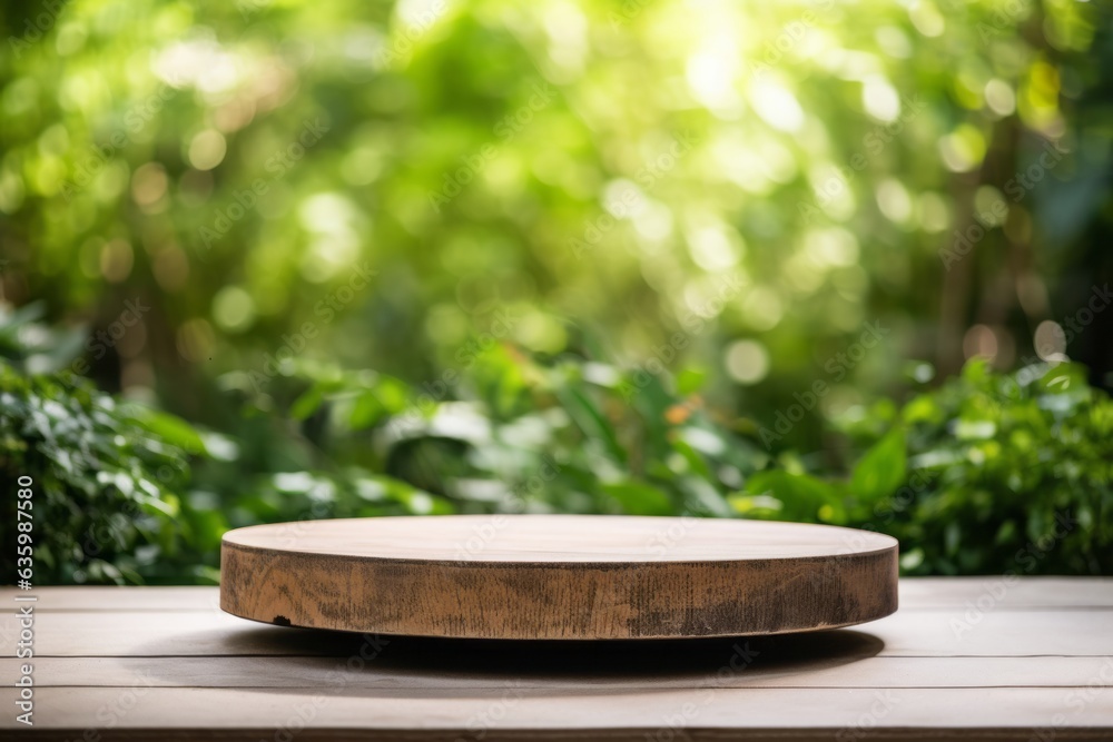 Round empty wooden podium with defocused blur leaves on a green background. Background idea for a product display.