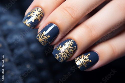 perfect manicure close up with dark blue and gold Christmas nail print, nail salon ad