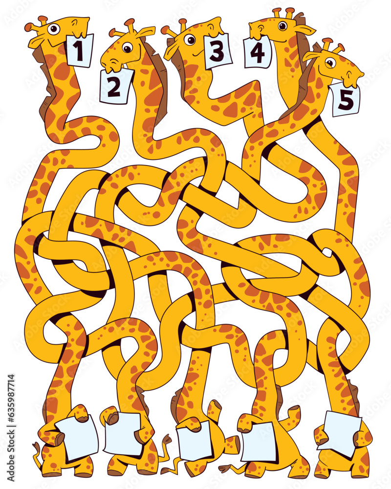 Funny giraffes with tangled necks. Children logic game to pass the maze ...